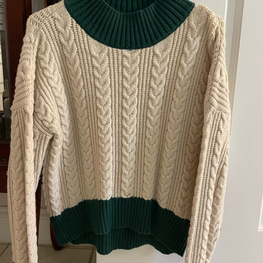 Green and Cream Cable Knit Sweater